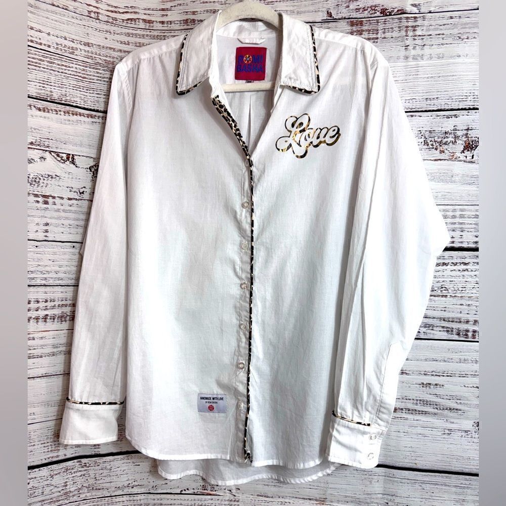 Romi Basha shirt‎ womens one Size white leopard trim Button up Cotton casual top